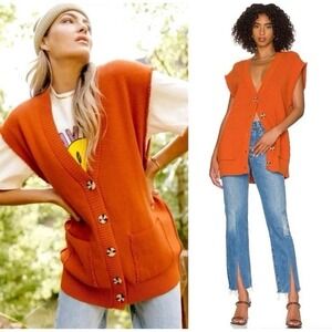 FREE PEOPLE Oakleigh Sweater Vest Ribbed Boyfriend Oversized Lagenlook Orange S
